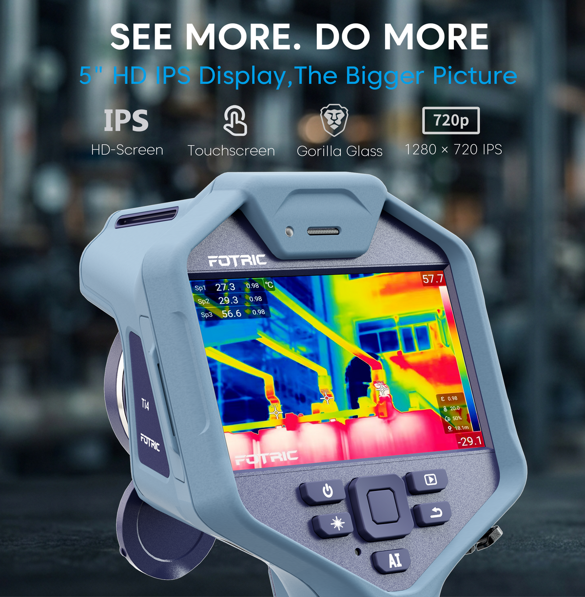 Fotric Ti4 thermal imaging camera showing a detailed thermal heat map on the device screen.