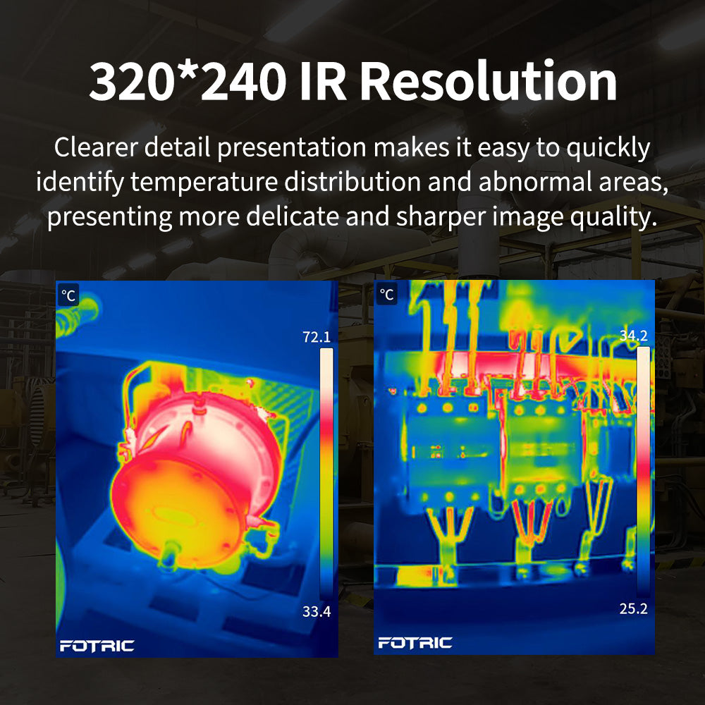 Fotric Therm5 thermal imaging camera showing a colorful heat map display on a handheld device.