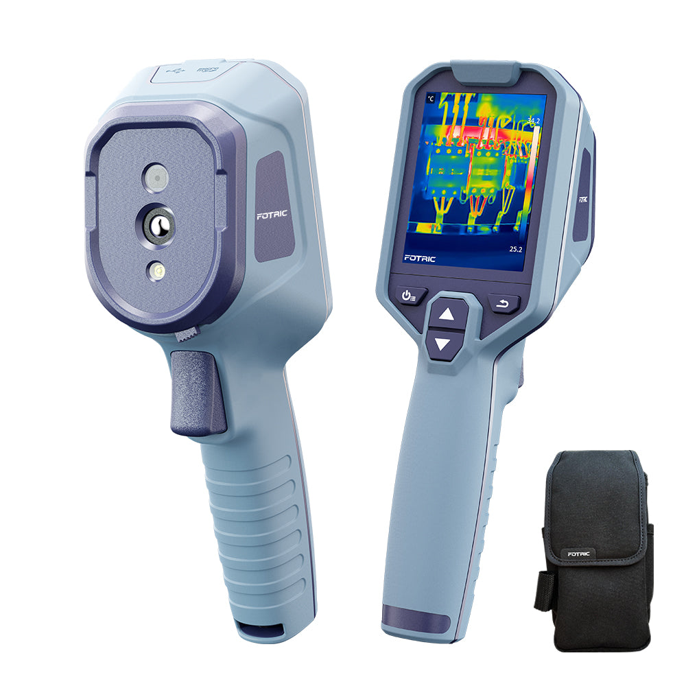 Fotric Therm5 thermal imaging camera showing a colorful thermal heat map on its screen.