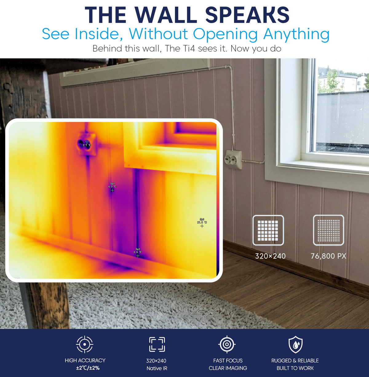 Fotric Ti4 thermal imaging camera displaying thermal heat map in black and orange colors.