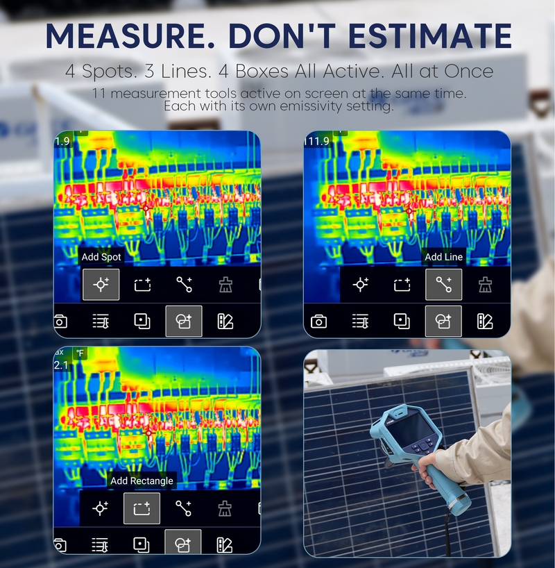 Fotric Ti4 thermal imaging camera displaying thermal heat map with color gradients, handheld device for infrared temperature measurement.