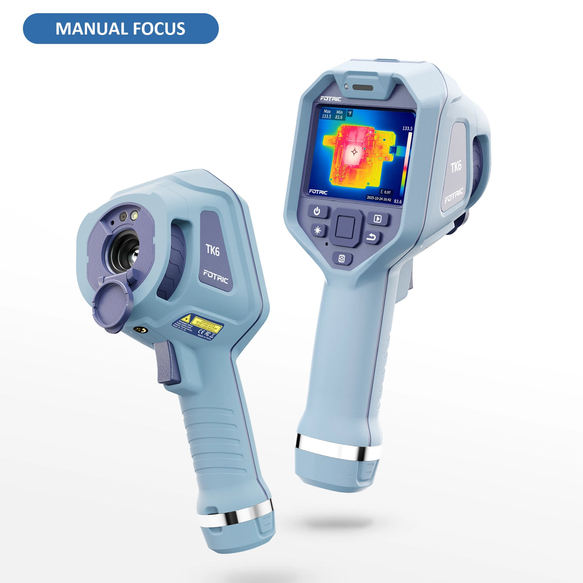 Fotric TK6 thermal imaging camera with handheld design, displaying thermal images on its screen.