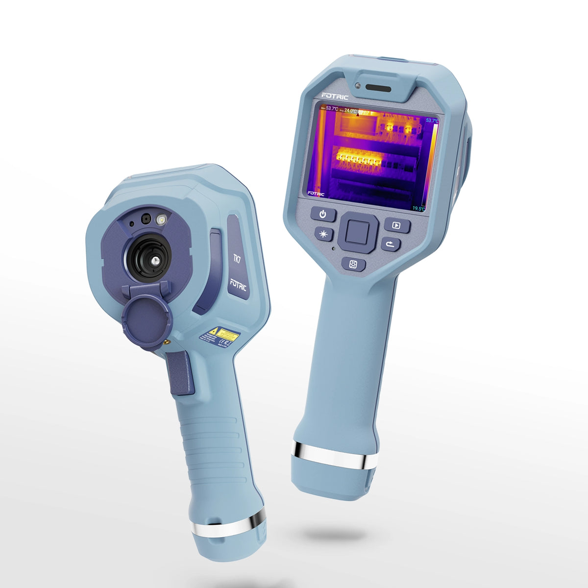 Fotric TK7 thermal imaging camera showing a color-coded thermal scan on a handheld device.