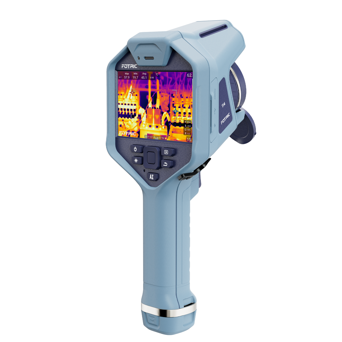 Fotric Ti4 thermal imaging camera displaying a heat map on a screen with multiple temperature readings.
