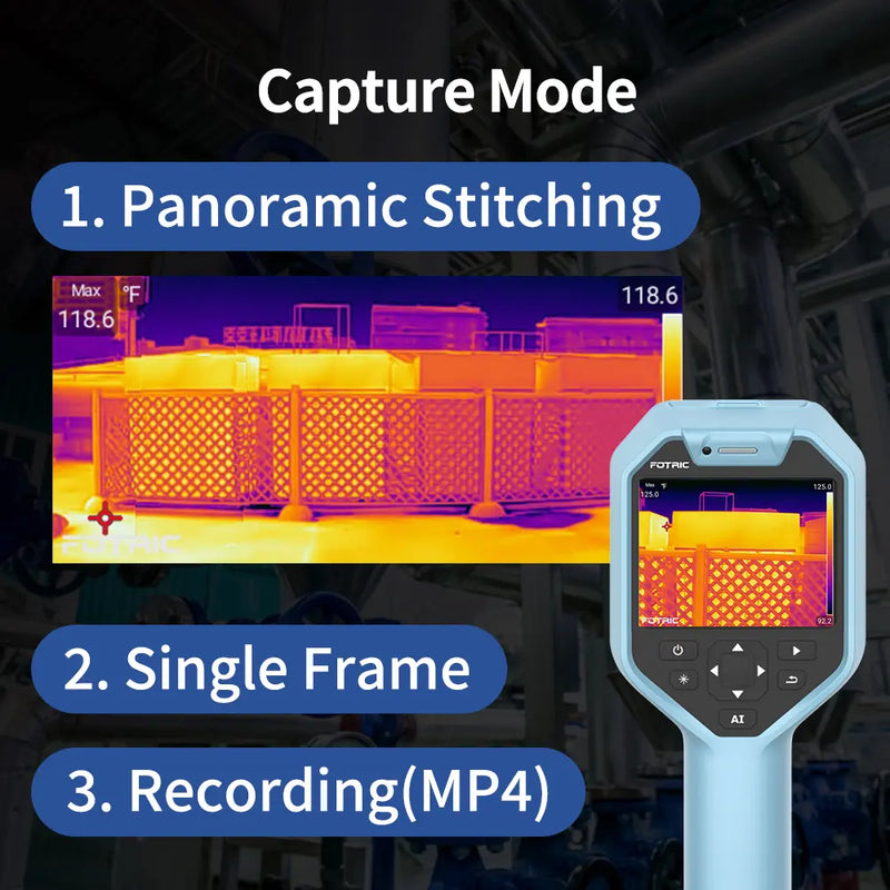 Fotric TK7 thermal imaging camera showing a detailed heat map on its screen for precise temperature analysis.