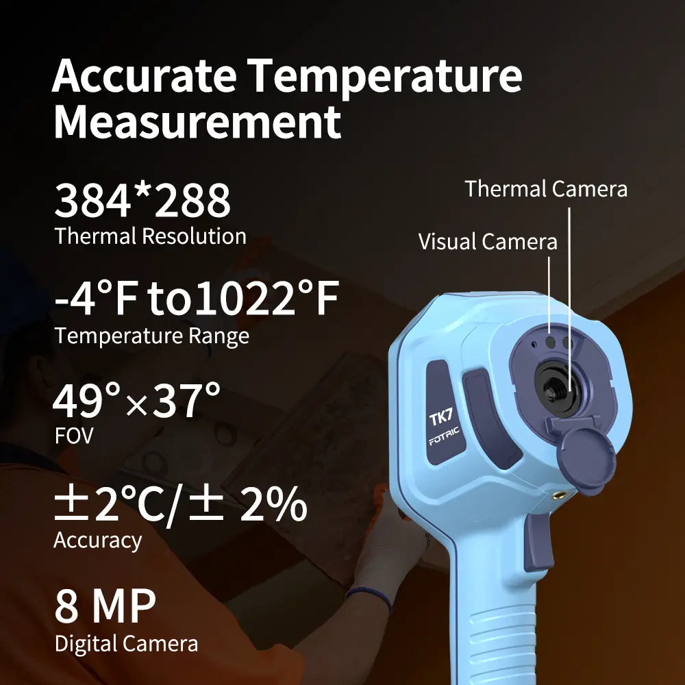 Fotric TK7 thermal imaging camera displaying a heat map on a screen with various temperature readings.