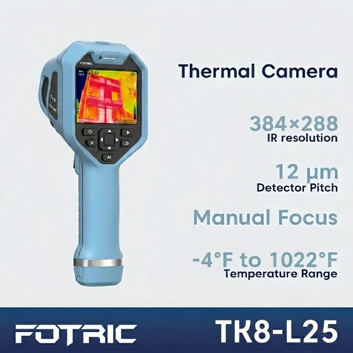 Fotric TK8 thermal imaging camera showing a thermal heat map on a digital screen with buttons and controls.